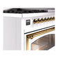 ILVE Nostalgie II 48-Inch Dual Fuel Range with 8 Sealed Burners + Griddle, 5.02 cu. ft. Oven, White with Brass Trim, Liquid Propane, Triple Glass Door, UN48FNMPWHGLP