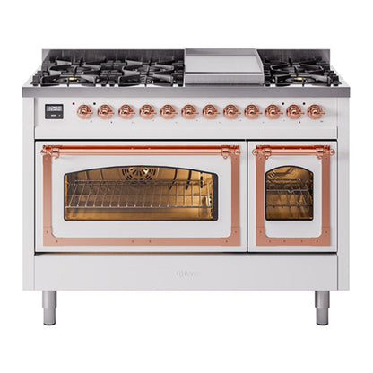 ILVE Nostalgie II 48-Inch Dual Fuel Range with 8 Sealed Burners + Griddle, 5.02 cu. ft. Oven, White with Copper Trim, Liquid Propane, Triple Glass Door, UN48FNMPWHPLP