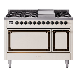 ILVE Nostalgie II 48-Inch Dual Fuel Range with 8 Sealed Burners + Griddle, 5.02 cu. ft. Oven, Antique White with Burnished Trim, Liquid Propane, Solid Door, UN48FQNMPAWBLP