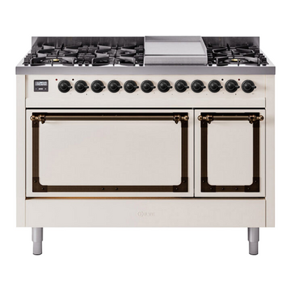 ILVE Nostalgie II 48-Inch Dual Fuel Range with 8 Sealed Burners + Griddle, 5.02 cu. ft. Oven, Antique White with Burnished Trim, Liquid Propane, Solid Door, UN48FQNMPAWBLP
