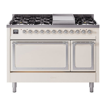 ILVE Nostalgie II 48-Inch Dual Fuel Range with 8 Sealed Burners + Griddle, 5.02 cu. ft. Oven, Antique White with Chrome Trim, Natural Gas, Solid Door, UN48FQNMPAWC