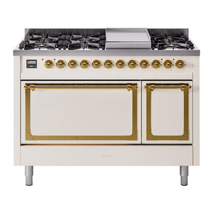 ILVE Nostalgie II 48-Inch Dual Fuel Range with 8 Sealed Burners + Griddle, 5.02 cu. ft. Oven, Antique White with Brass Trim, Liquid Propane, Solid Door, UN48FQNMPAWGLP