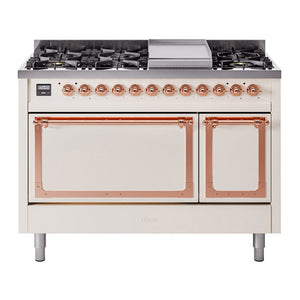 ILVE Nostalgie II 48-Inch Dual Fuel Range with 8 Sealed Burners + Griddle, 5.02 cu. ft. Oven, Antique White with Copper Trim, Natural Gas, Solid Door, UN48FQNMPAWP