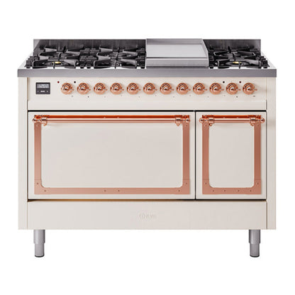 ILVE Nostalgie II 48-Inch Dual Fuel Range with 8 Sealed Burners + Griddle, 5.02 cu. ft. Oven, Antique White with Copper Trim, Natural Gas, Solid Door, UN48FQNMPAWP