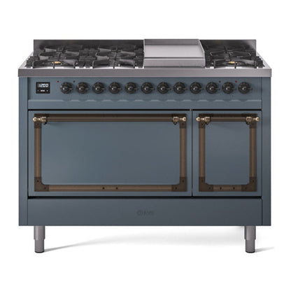 ILVE Nostalgie II 48-Inch Dual Fuel Range with 8 Sealed Burners + Griddle, 5.02 cu. ft. Oven, Blue Grey with Burnished Trim, Liquid Propane, Solid Door, UN48FQNMPBGBLP