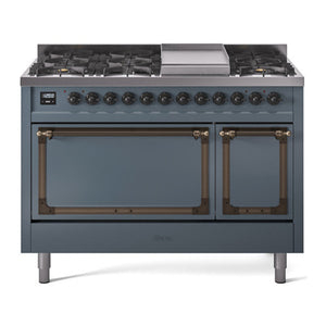 ILVE Nostalgie II 48-Inch Dual Fuel Range with 8 Sealed Burners + Griddle, 5.02 cu. ft. Oven, Blue Grey with Burnished Trim, Natural Gas, Solid Door, UN48FQNMPBGB
