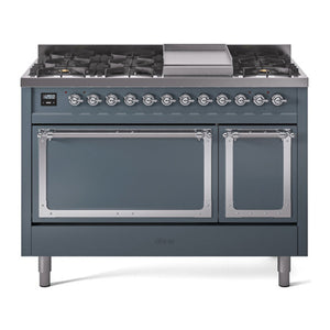 ILVE Nostalgie II 48-Inch Dual Fuel Range with 8 Sealed Burners + Griddle, 5.02 cu. ft. Oven, Blue Grey with Chrome Trim, Natural Gas, Solid Door, UN48FQNMPBGC