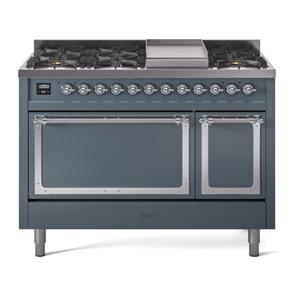 ILVE Nostalgie II 48-Inch Dual Fuel Range with 8 Sealed Burners + Griddle, 5.02 cu. ft. Oven, Blue Grey with Chrome Trim, Natural Gas, Solid Door, UN48FQNMPBGC