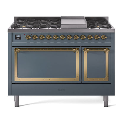 ILVE Nostalgie II 48-Inch Dual Fuel Range with 8 Sealed Burners + Griddle, 5.02 cu. ft. Oven, Blue Grey with Brass Trim, Natural Gas, Solid Door, UN48FQNMPBGG