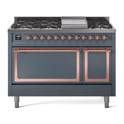 ILVE Nostalgie II 48-Inch Dual Fuel Range with 8 Sealed Burners + Griddle, 5.02 cu. ft. Oven, Blue Grey with Copper Trim, Liquid Propane, Solid Door, UN48FQNMPBGPLP