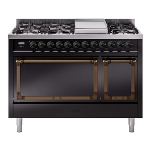 ILVE Nostalgie II 48-Inch Dual Fuel Range with 8 Sealed Burners + Griddle, 5.02 cu. ft. Oven, Glossy Black with Burnished Trim, Liquid Propane, Solid Door, UN48FQNMPBKBLP