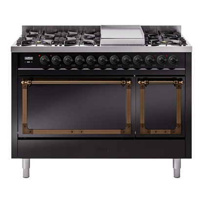 ILVE Nostalgie II 48-Inch Dual Fuel Range with 8 Sealed Burners + Griddle, 5.02 cu. ft. Oven, Glossy Black with Burnished Trim, Natural Gas, Solid Door, UN48FQNMPBKB
