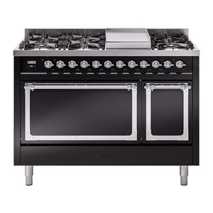 ILVE Nostalgie II 48-Inch Dual Fuel Range with 8 Sealed Burners + Griddle, 5.02 cu. ft. Oven, Glossy Black with Chrome Trim, Liquid Propane, Solid Door, UN48FQNMPBKCLP