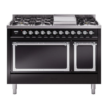 ILVE Nostalgie II 48-Inch Dual Fuel Range with 8 Sealed Burners + Griddle, 5.02 cu. ft. Oven, Glossy Black with Chrome Trim, Liquid Propane, Solid Door, UN48FQNMPBKCLP