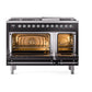 ILVE Nostalgie II 48-Inch Dual Fuel Range with 8 Sealed Burners + Griddle, 5.02 cu. ft. Oven, Glossy Black with Chrome Trim, Natural Gas, Solid Door, UN48FQNMPBKC
