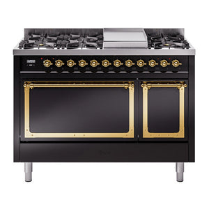ILVE Nostalgie II 48-Inch Dual Fuel Range with 8 Sealed Burners + Griddle, 5.02 cu. ft. Oven, Glossy Black with Brass Trim, Natural Gas, Solid Door, UN48FQNMPBKG