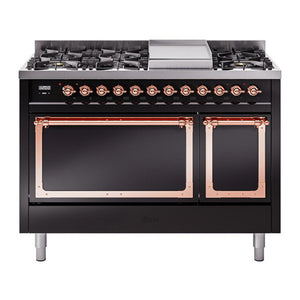 ILVE Nostalgie II 48-Inch Dual Fuel Range with 8 Sealed Burners + Griddle, 5.02 cu. ft. Oven, Glossy Black with Copper Trim, Liquid Propane, Solid Door, UN48FQNMPBKPLP