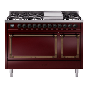 ILVE Nostalgie II 48-Inch Dual Fuel Range with 8 Sealed Burners + Griddle, 5.02 cu. ft. Oven, Burgundy with Burnished Trim, Liquid Propane, Solid Door, UN48FQNMPBUBLP