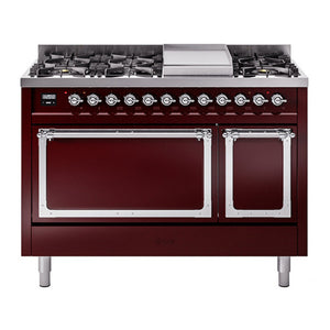 ILVE Nostalgie II 48-Inch Dual Fuel Range with 8 Sealed Burners + Griddle, 5.02 cu. ft. Oven, Burgundy with Chrome Trim, Liquid Propane, Solid Door, UN48FQNMPBUCLP