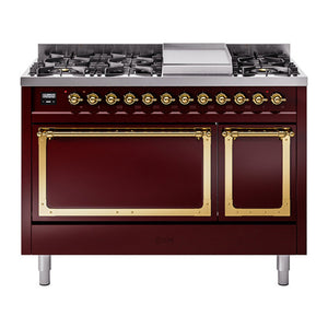 ILVE Nostalgie II 48-Inch Dual Fuel Range with 8 Sealed Burners + Griddle, 5.02 cu. ft. Oven, Burgundy with Brass Trim, Liquid Propane, Solid Door, UN48FQNMPBUGLP