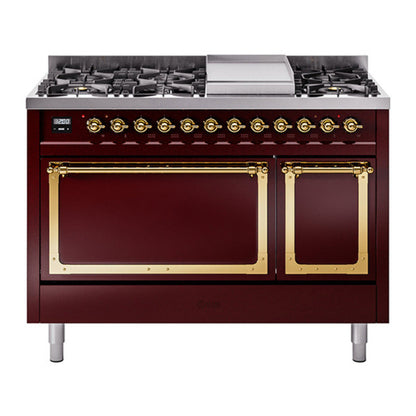 ILVE Nostalgie II 48-Inch Dual Fuel Range with 8 Sealed Burners + Griddle, 5.02 cu. ft. Oven, Burgundy with Brass Trim, Liquid Propane, Solid Door, UN48FQNMPBUGLP