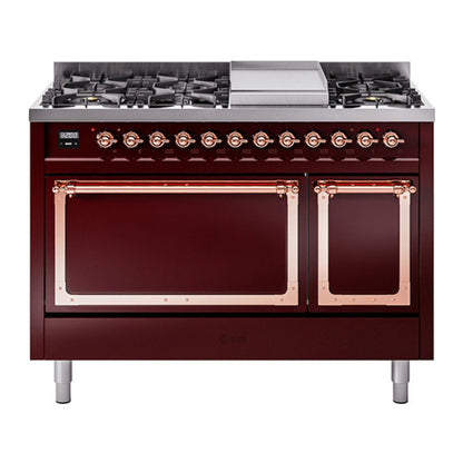 ILVE Nostalgie II 48-Inch Dual Fuel Range with 8 Sealed Burners + Griddle, 5.02 cu. ft. Oven, Burgundy with Copper Trim, Liquid Propane, Solid Door, UN48FQNMPBUPLP