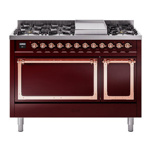 ILVE Nostalgie II 48-Inch Dual Fuel Range with 8 Sealed Burners + Griddle, 5.02 cu. ft. Oven, Burgundy with Copper Trim, Natural Gas, Solid Door, UN48FQNMPBUP