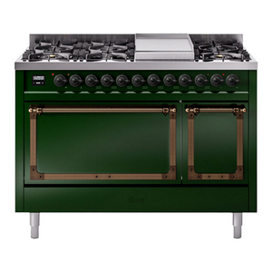 ILVE Nostalgie II 48-Inch Dual Fuel Range with 8 Sealed Burners + Griddle, 5.02 cu. ft. Oven, Emerald Green with Burnished Trim, Liquid Propane, Solid Door, UN48FQNMPEGBLP