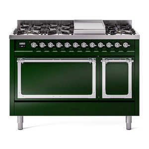 ILVE Nostalgie II 48-Inch Dual Fuel Range with 8 Sealed Burners + Griddle, 5.02 cu. ft. Oven, Emerald Green with Chrome Trim, Liquid Propane, Solid Door, UN48FQNMPEGCLP