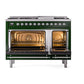 ILVE Nostalgie II 48-Inch Dual Fuel Range with 8 Sealed Burners + Griddle, 5.02 cu. ft. Oven, Emerald Green with Chrome Trim, Natural Gas, Solid Door, UN48FQNMPEGC