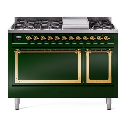 ILVE Nostalgie II 48-Inch Dual Fuel Range with 8 Sealed Burners + Griddle, 5.02 cu. ft. Oven, Emerald Green with Brass Trim, Liquid Propane, Solid Door, UN48FQNMPEGGLP