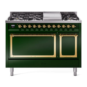ILVE Nostalgie II 48-Inch Dual Fuel Range with 8 Sealed Burners + Griddle, 5.02 cu. ft. Oven, Emerald Green with Brass Trim, Natural Gas, Solid Door, UN48FQNMPEGG
