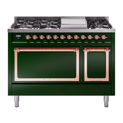 ILVE Nostalgie II 48-Inch Dual Fuel Range with 8 Sealed Burners + Griddle, 5.02 cu. ft. Oven, Emerald Green with Copper Trim, Liquid Propane, Solid Door, UN48FQNMPEGPLP