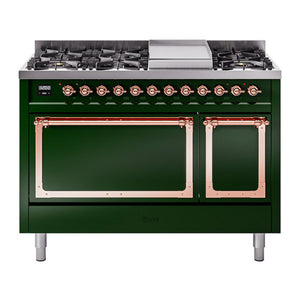 ILVE Nostalgie II 48-Inch Dual Fuel Range with 8 Sealed Burners + Griddle, 5.02 cu. ft. Oven, Emerald Green with Copper Trim, Natural Gas, Solid Door, UN48FQNMPEGP