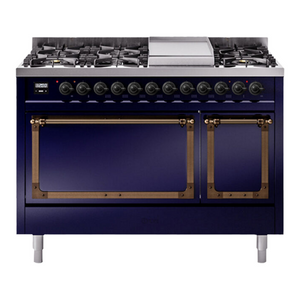 ILVE Nostalgie II 48-Inch Dual Fuel Range with 8 Sealed Burners + Griddle, 5.02 cu. ft. Oven, Midnight Blue with Burnished Trim, Natural Gas, Solid Door, UN48FQNMPMBB