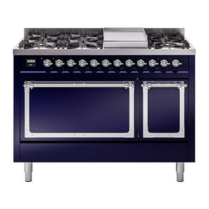 ILVE Nostalgie II 48-Inch Dual Fuel Range with 8 Sealed Burners + Griddle, 5.02 cu. ft. Oven, Midnight Blue with Chrome Trim, Natural Gas, Solid Door, UN48FQNMPMBC