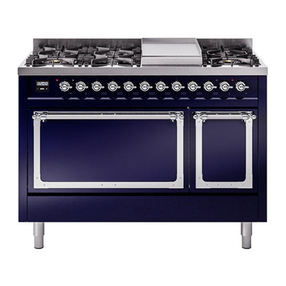 ILVE Nostalgie II 48-Inch Dual Fuel Range with 8 Sealed Burners + Griddle, 5.02 cu. ft. Oven, Midnight Blue with Chrome Trim, Natural Gas, Solid Door, UN48FQNMPMBC