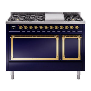 ILVE Nostalgie II 48-Inch Dual Fuel Range with 8 Sealed Burners + Griddle, 5.02 cu. ft. Oven, Midnight Blue with Brass Trim, Liquid Propane, Solid Door, UN48FQNMPMBGLP