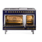 ILVE Nostalgie II 48-Inch Dual Fuel Range with 8 Sealed Burners + Griddle, 5.02 cu. ft. Oven, Midnight Blue with Brass Trim, Liquid Propane, Solid Door, UN48FQNMPMBGLP