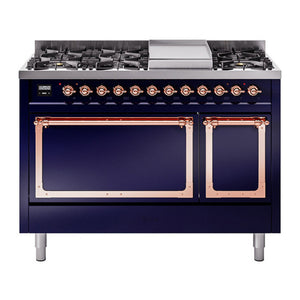 ILVE Nostalgie II 48-Inch Dual Fuel Range with 8 Sealed Burners + Griddle, 5.02 cu. ft. Oven, Midnight Blue with Copper Trim, Natural Gas, Solid Door, UN48FQNMPMBP