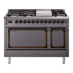 ILVE Nostalgie II 48-Inch Dual Fuel Range with 8 Sealed Burners + Griddle, 5.02 cu. ft. Oven, Graphite Matte with Burnished Trim, Liquid Propane, Solid Door, UN48FQNMPMGBLP