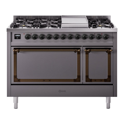 ILVE Nostalgie II 48-Inch Dual Fuel Range with 8 Sealed Burners + Griddle, 5.02 cu. ft. Oven, Graphite Matte with Burnished Trim, Natural Gas, Solid Door, UN48FQNMPMGB