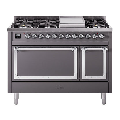 ILVE Nostalgie II 48-Inch Dual Fuel Range with 8 Sealed Burners + Griddle, 5.02 cu. ft. Oven, Graphite Matte with Chrome Trim, Liquid Propane, Solid Door, UN48FQNMPMGCLP