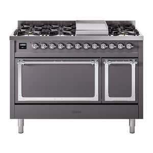 ILVE Nostalgie II 48-Inch Dual Fuel Range with 8 Sealed Burners + Griddle, 5.02 cu. ft. Oven, Graphite Matte with Chrome Trim, Natural Gas, Solid Door, UN48FQNMPMGC