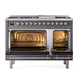 ILVE Nostalgie II 48-Inch Dual Fuel Range with 8 Sealed Burners + Griddle, 5.02 cu. ft. Oven, Graphite Matte with Chrome Trim, Natural Gas, Solid Door, UN48FQNMPMGC