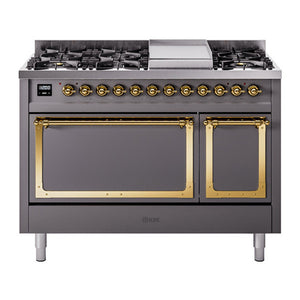 ILVE Nostalgie II 48-Inch Dual Fuel Range with 8 Sealed Burners + Griddle, 5.02 cu. ft. Oven, Graphite Matte with Brass Trim, Liquid Propane, Solid Door, UN48FQNMPMGGLP