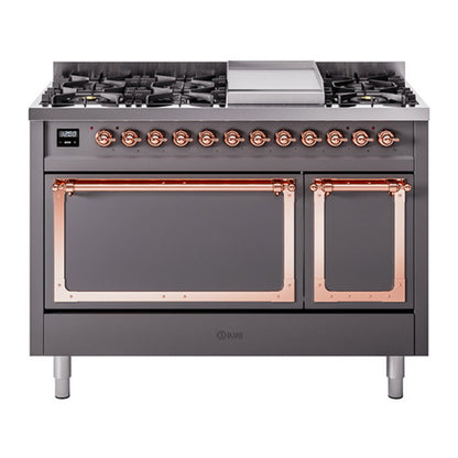ILVE Nostalgie II 48-Inch Dual Fuel Range with 8 Sealed Burners + Griddle, 5.02 cu. ft. Oven, Graphite Matte with Copper Trim, Liquid Propane, Solid Door, UN48FQNMPMGPLP