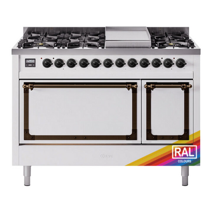 ILVE Nostalgie II 48-Inch Dual Fuel Range with 8 Sealed Burners + Griddle, 5.02 cu. ft. Oven, RAL with Burnished Trim, Natural Gas, Solid Door, UN48FQNMPRAB