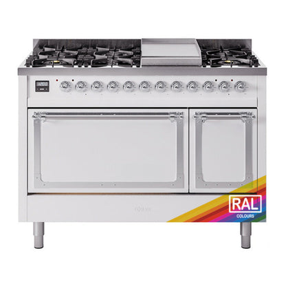 ILVE Nostalgie II 48-Inch Dual Fuel Range with 8 Sealed Burners + Griddle, 5.02 cu. ft. Oven, RAL with Chrome Trim, Liquid Propane, Solid Door, UN48FQNMPRACLP