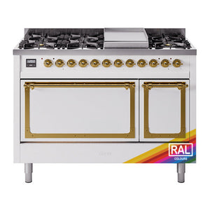 ILVE Nostalgie II 48-Inch Dual Fuel Range with 8 Sealed Burners + Griddle, 5.02 cu. ft. Oven, RAL with Brass Trim, Liquid Propane, Solid Door, UN48FQNMPRAGLP